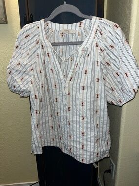 LOFT White Striped Peasant Blouse with Navy and Rust Details